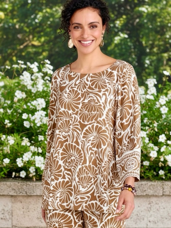 Soft Surroundings Tops - SOFT SURROUNDINGS OCEO GAUZE CRINKLE TUNIC ~NAUTICAL SHELLS NEUTRAL  PRINT SZ PM